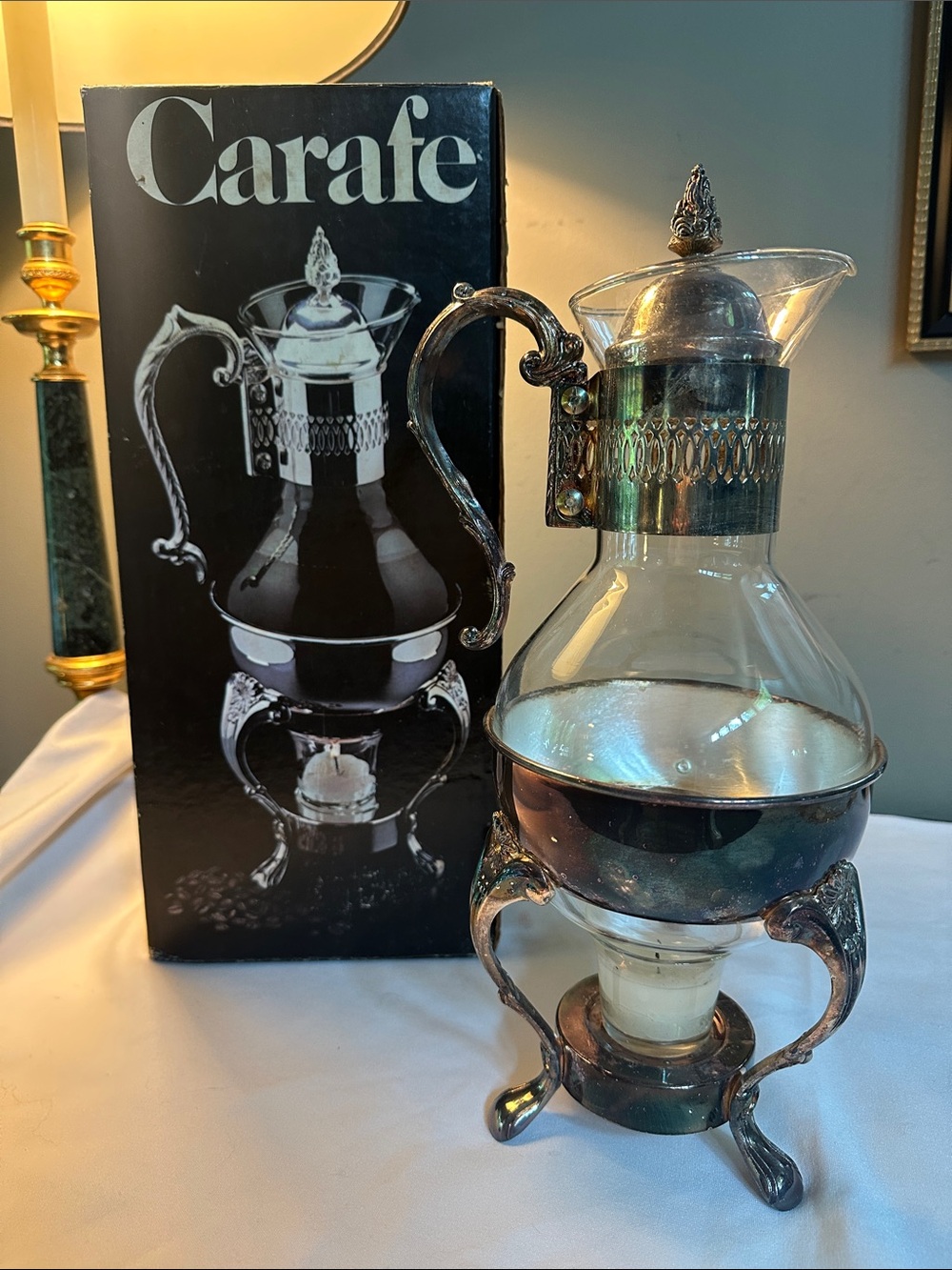 Vintage Carafe Glass Beverage Server with Silver-Tone Metal Accents